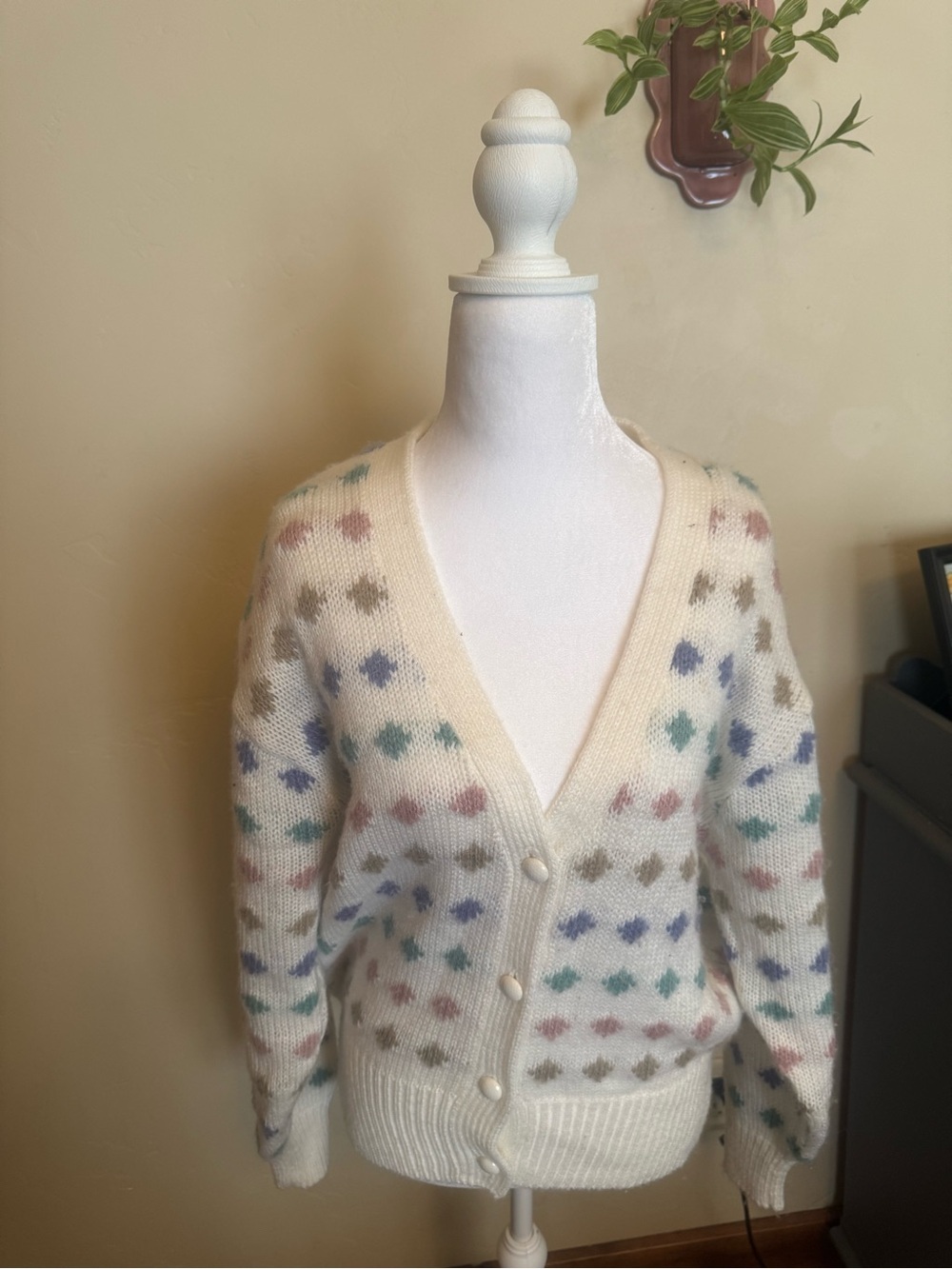 Free People Cream V-Neck Button Cardigan with Pastel Dot Motif